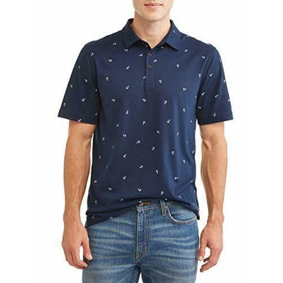 Men's Print Jersey Polo Shirt Blue Anchors Small 34/36 New - Picture 1 of 3